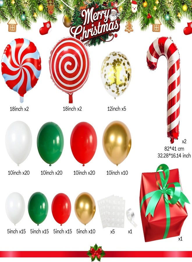 طقم بالونات عيد الميلاد مكون من 139 قطعة، بألوان الأحمر والأخضر الداكن والأبيض والذهبي المعدني، مع قوس بالونات على شكل عصا حلوى، وعلبة هدايا، وبالونات فويل لتزيين حفلات رأس السنة وأعياد الميلاد. - Image 2